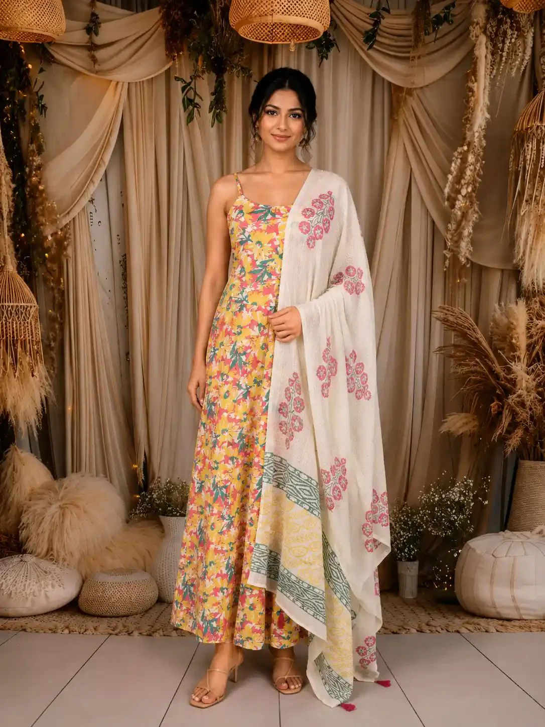 Yellow Floral Printed Design Cotton Anarkali Salwar Suit with Dupatta